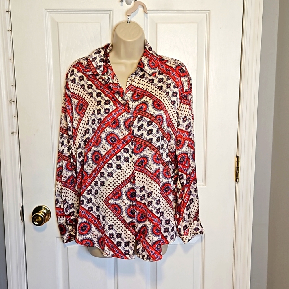 Zara. Multi print boho. Mixed media button-down shirt  small